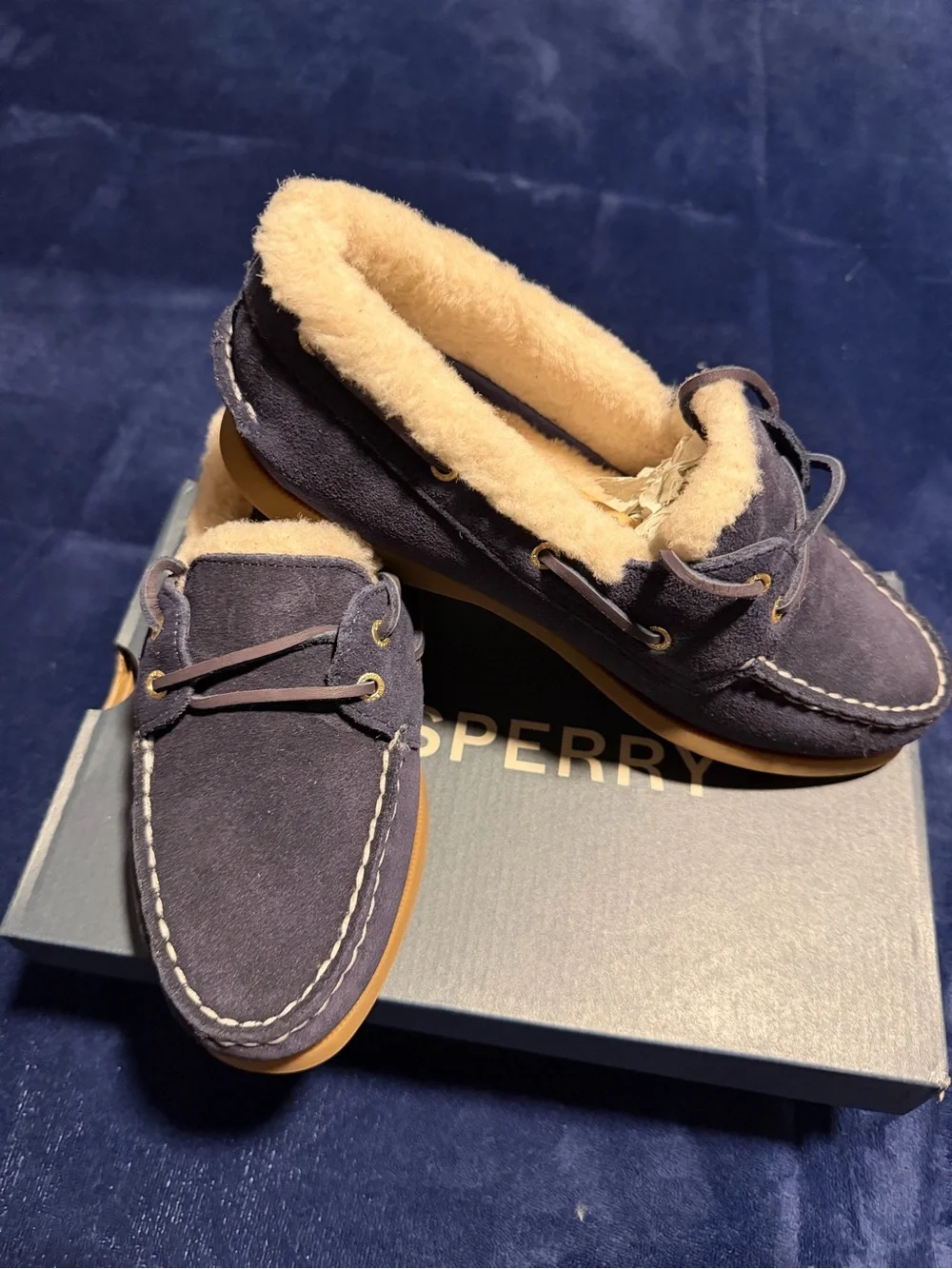 Sperry Men’s Navy Suede Shearling-Lined Boat Moccasins